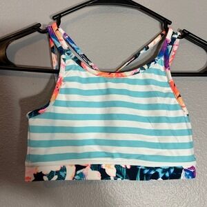 Ideology Big Girl's Striped Criss Cross Back Floral Trim Bikini Top Size M